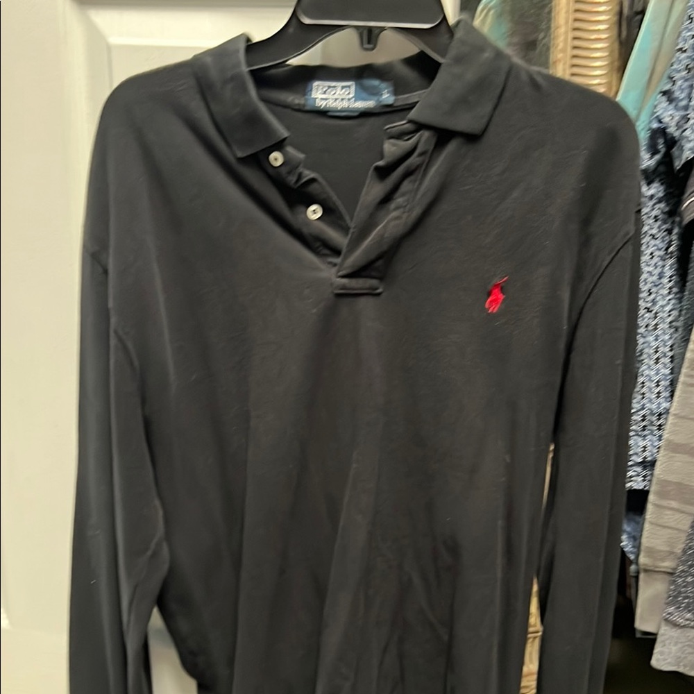 Mens Black "Ralph Lauren" Polo Shirt with Red Logo Long Sleeves ❤️